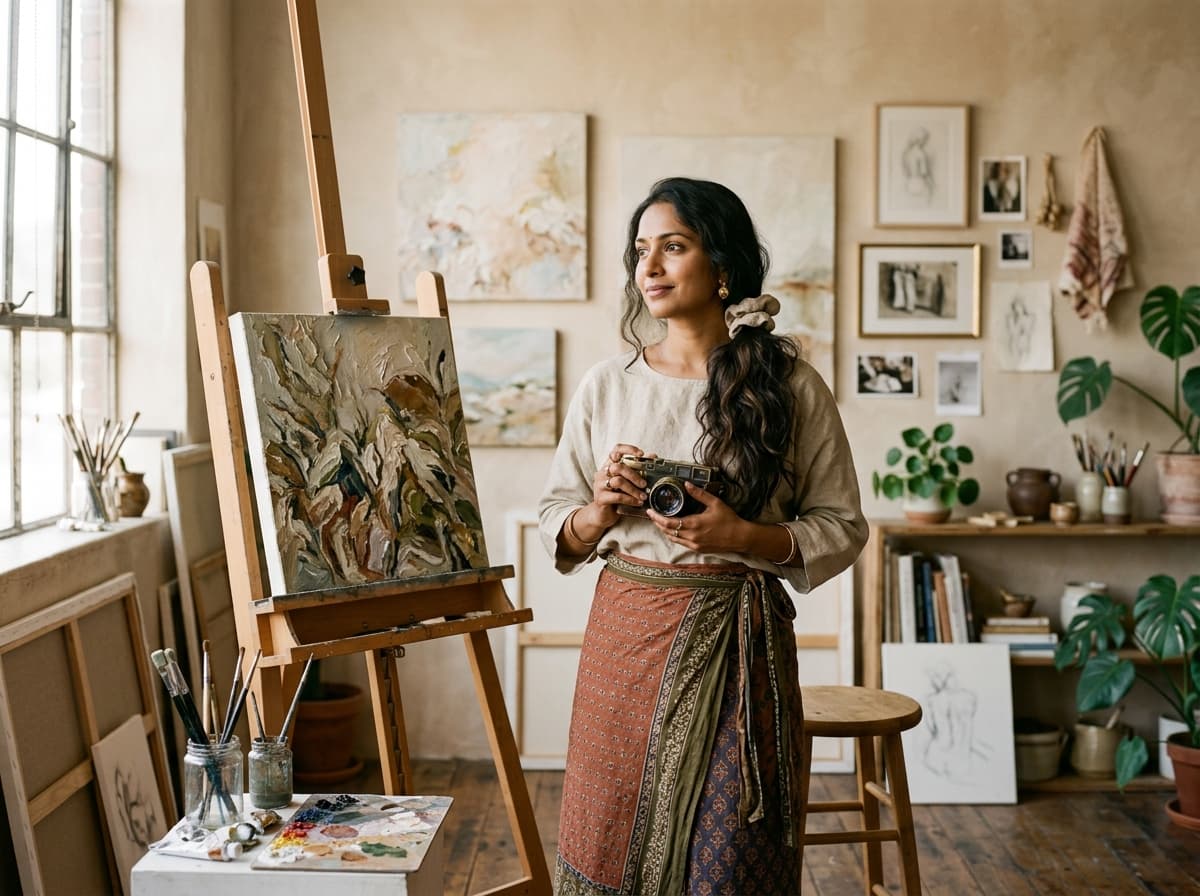 Swati Ajay Kulkarni in her studio with camera and paintings